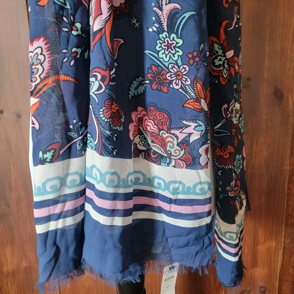 NWT Talbots Blue Floral‎ Scarf 100% Modal Pink Aqua Orange Vibrant Print Fringe